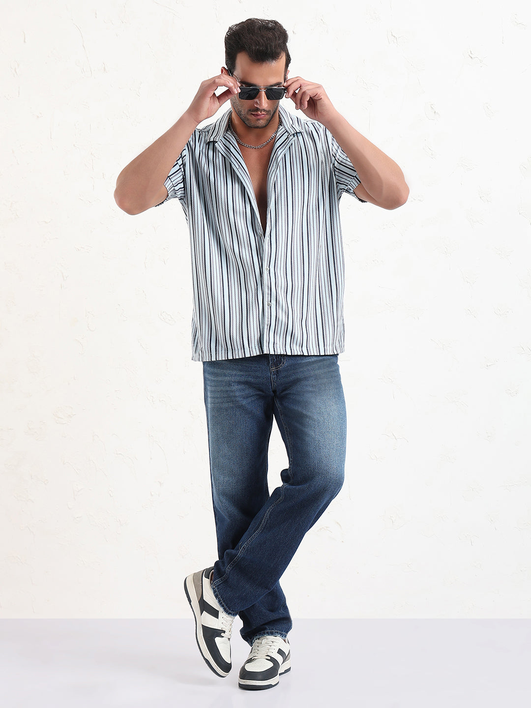 Men's Blue Cuban Collar Striped Relaxed Fit Shirt
