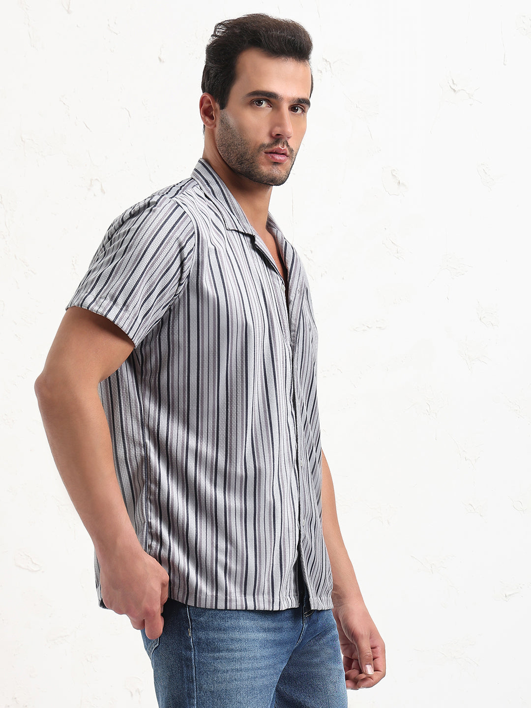 Men's Grey Cuban Collar Striped Relaxed Fit Shirt