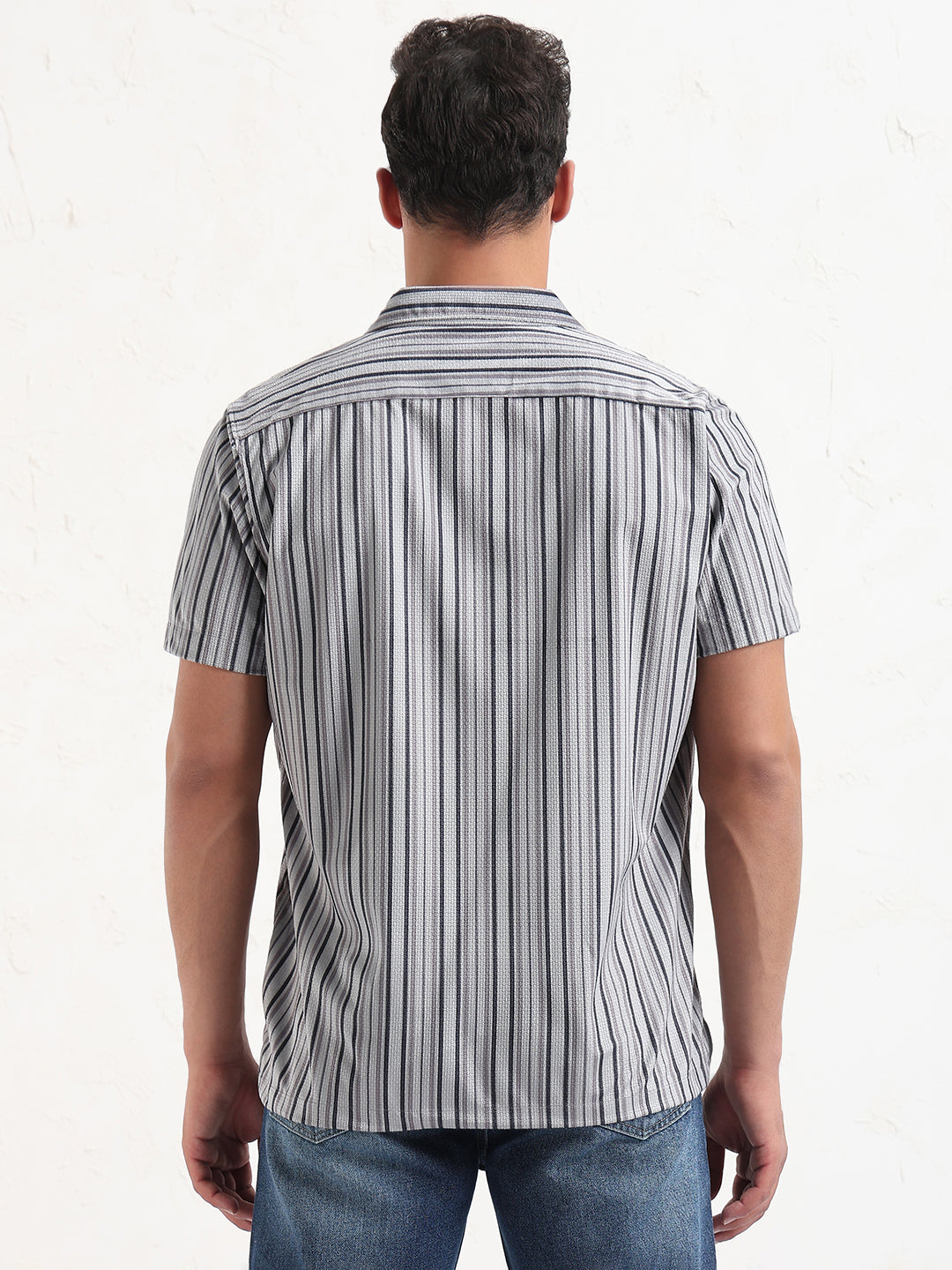 Men's Grey Cuban Collar Striped Relaxed Fit Shirt