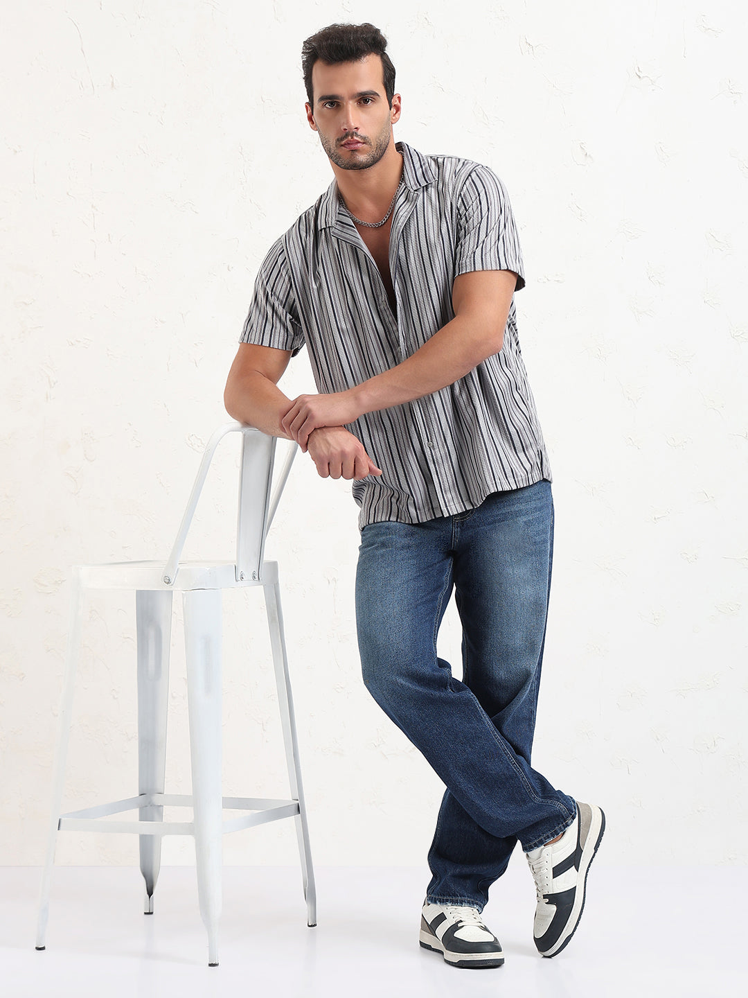 Men's Grey Cuban Collar Striped Relaxed Fit Shirt