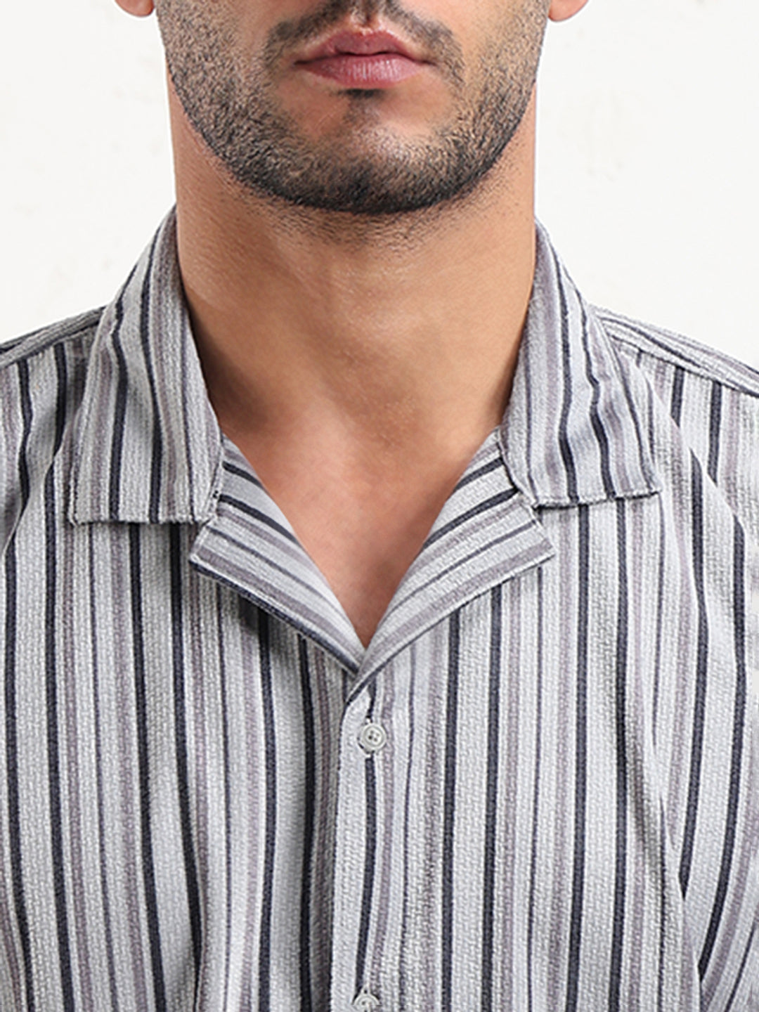 Men's Grey Cuban Collar Striped Relaxed Fit Shirt