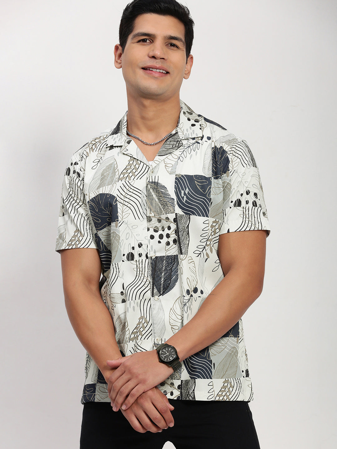 Men Cream Floral Cuban Collar Shirt