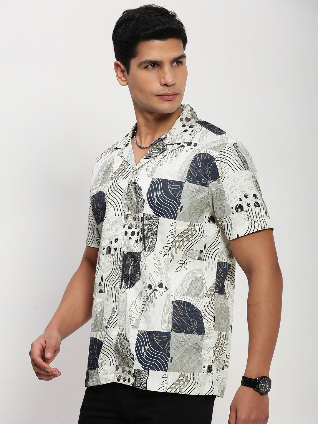 Men Cream Floral Cuban Collar Shirt