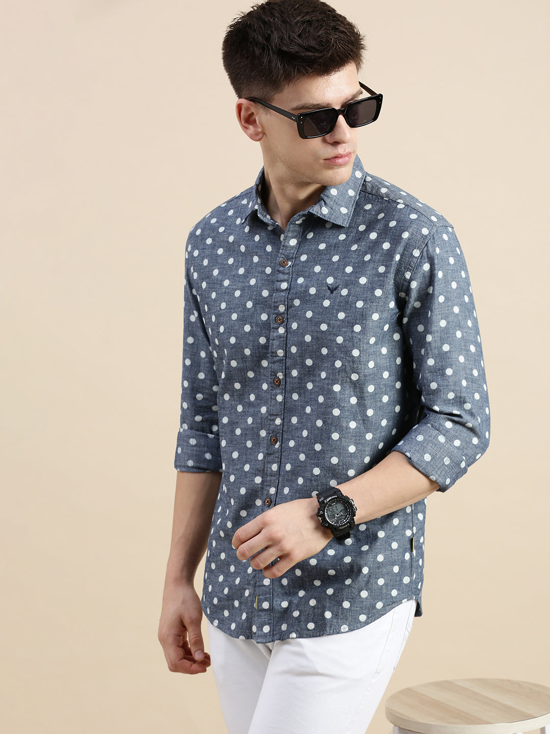 Men Spread Collar Printed Blue Shirt