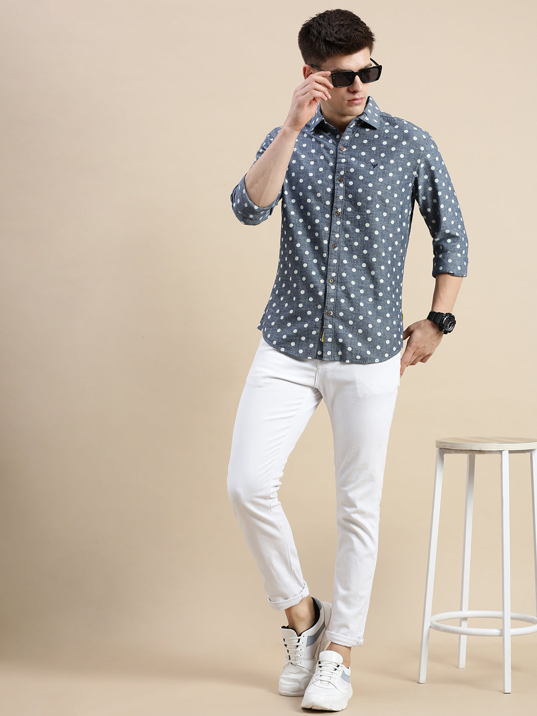 Men Spread Collar Printed Blue Shirt