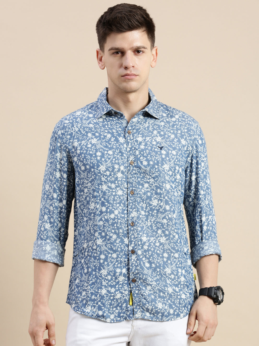 Men Spread Collar Printed Blue Shirt