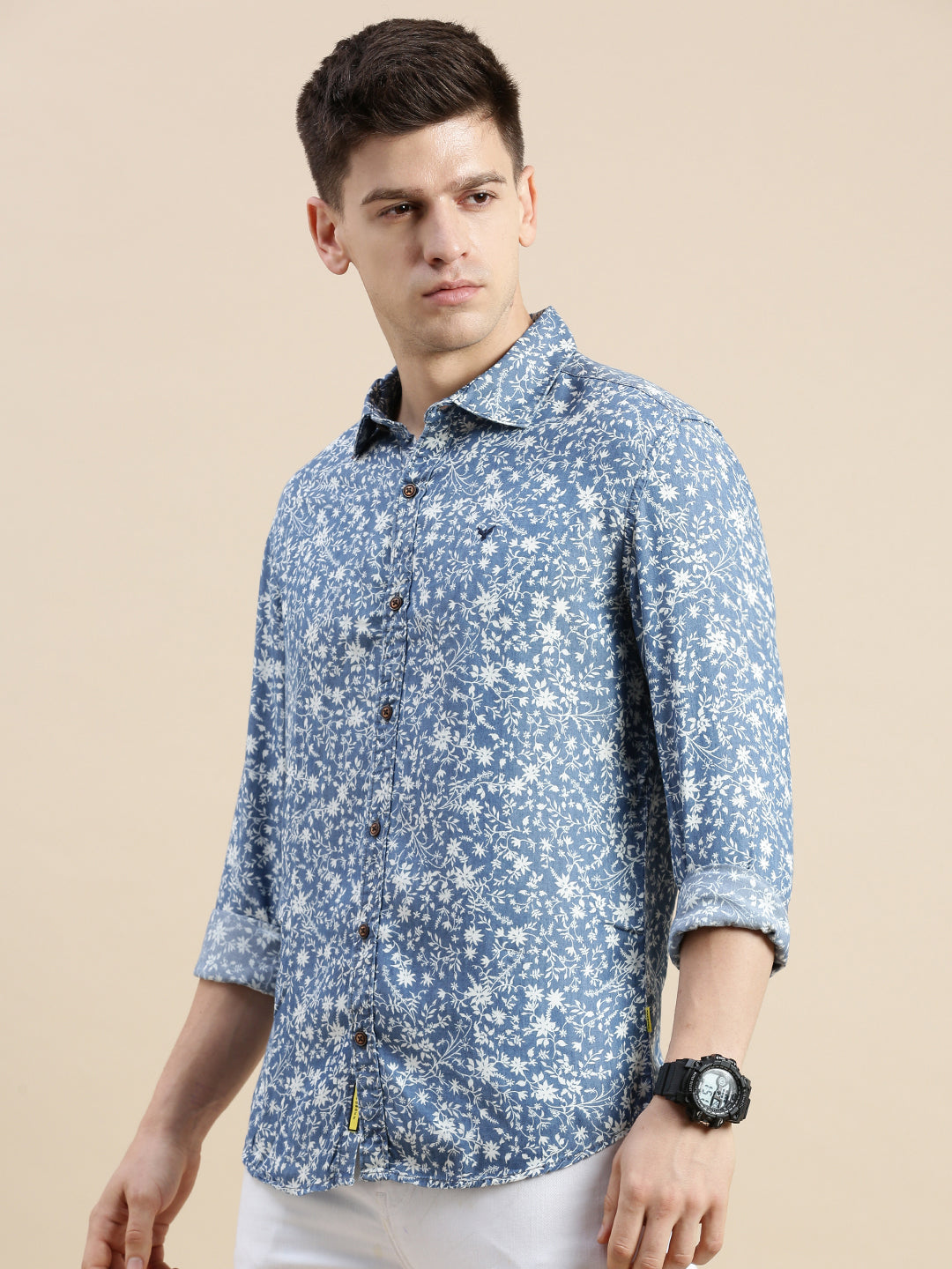 Men Spread Collar Printed Blue Shirt