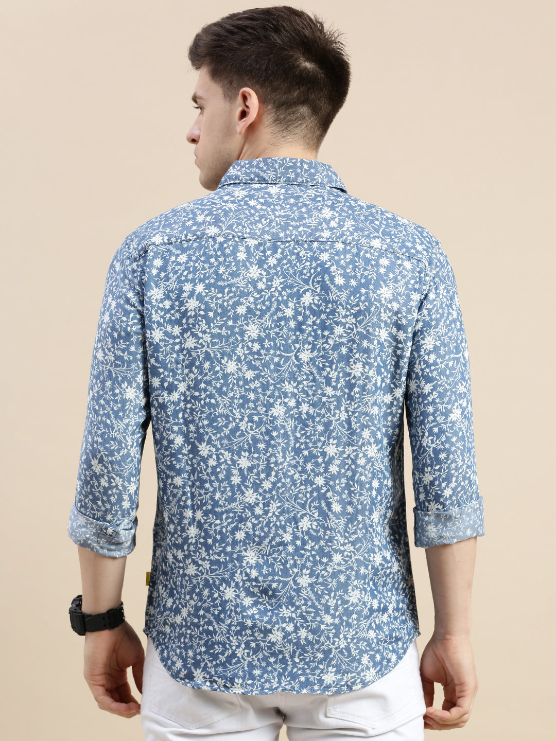 Men Spread Collar Printed Blue Shirt