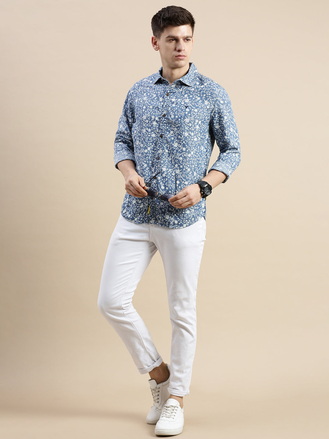 Men Spread Collar Printed Blue Shirt