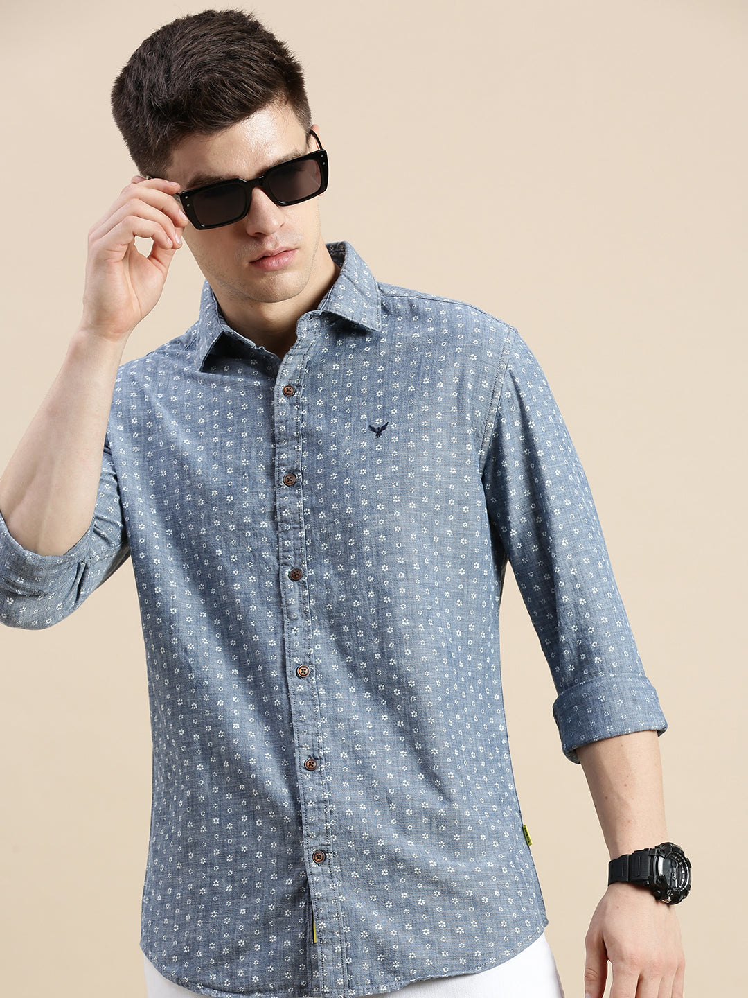 Men Spread Collar Printed Blue Shirt