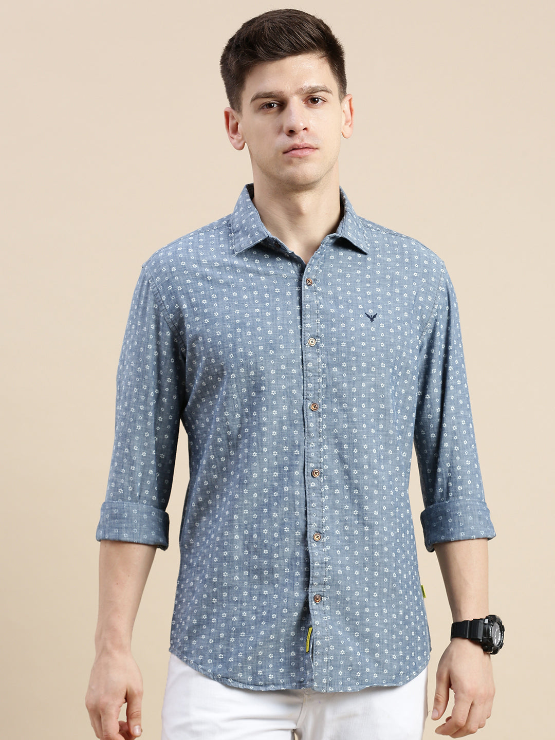 Men Spread Collar Printed Blue Shirt