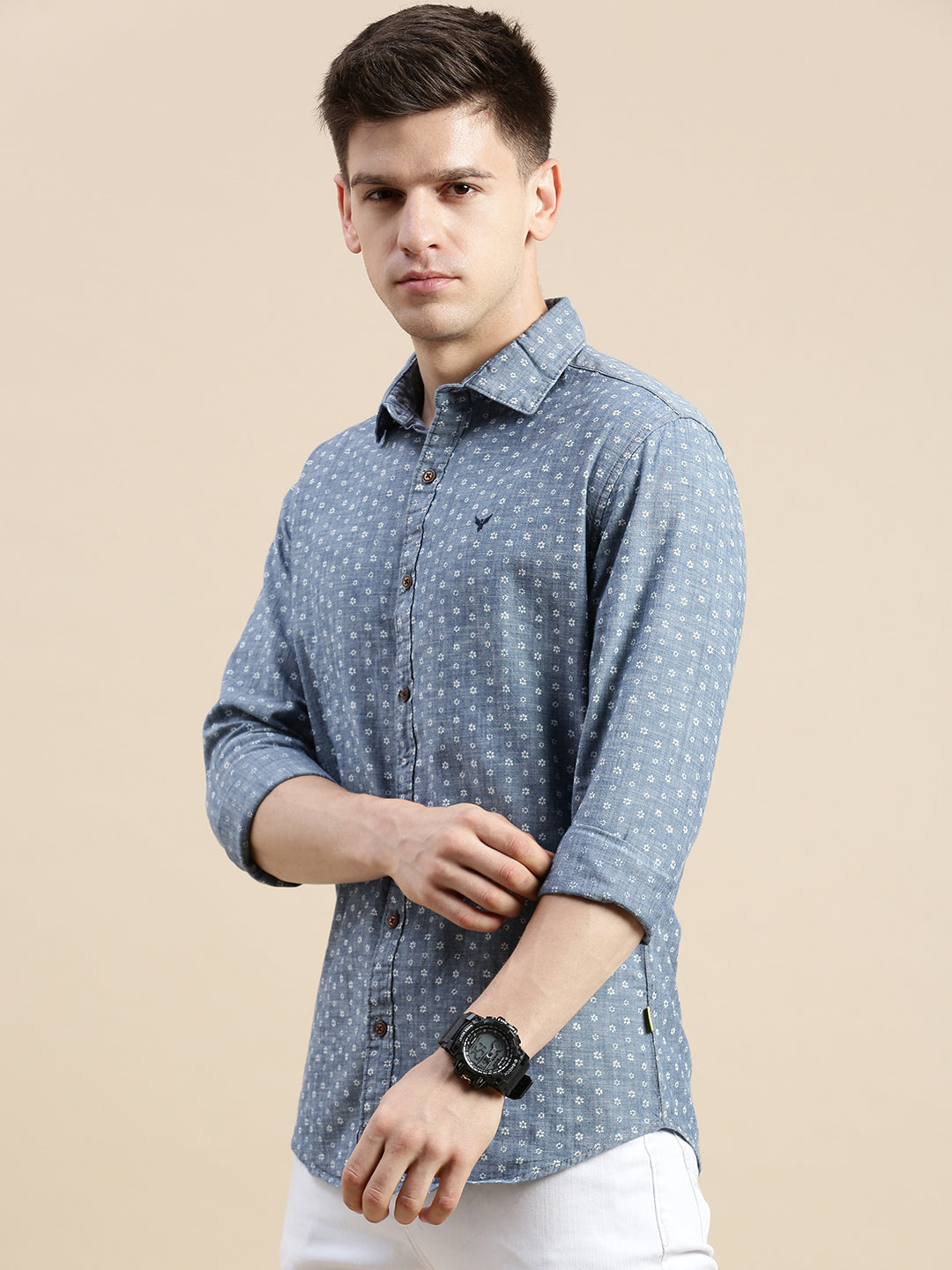 Men Spread Collar Printed Blue Shirt