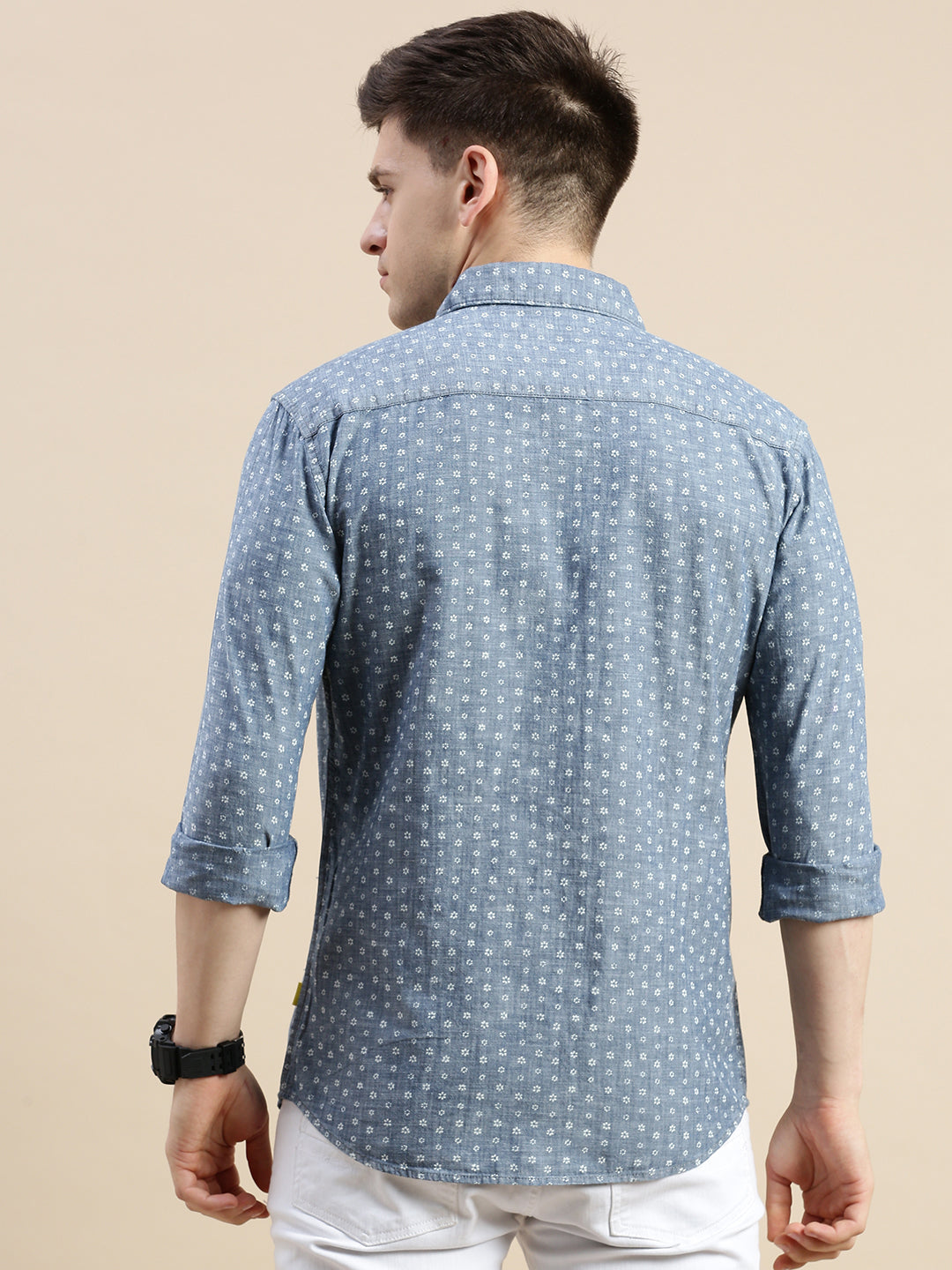 Men Spread Collar Printed Blue Shirt