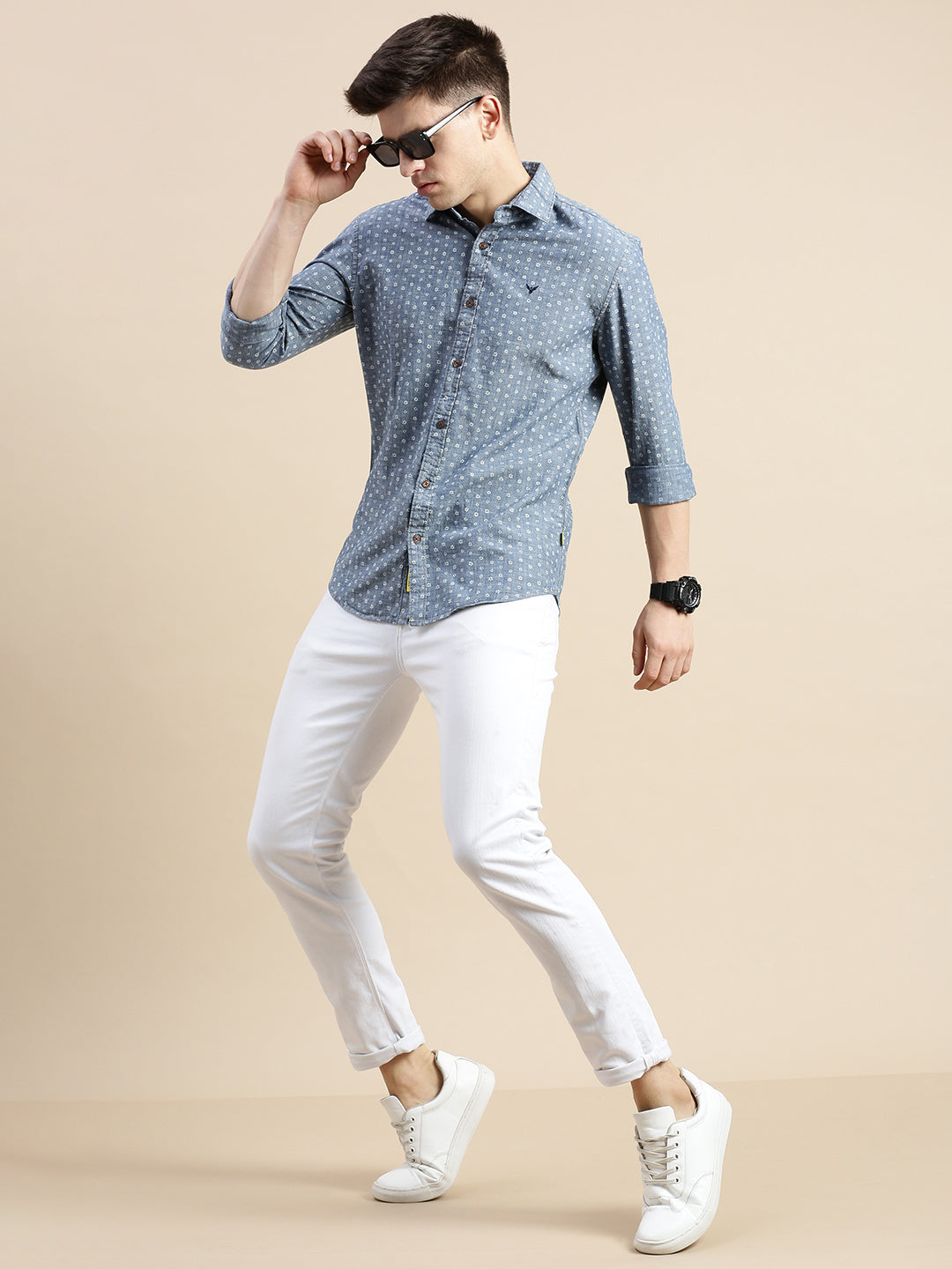 Men Spread Collar Printed Blue Shirt