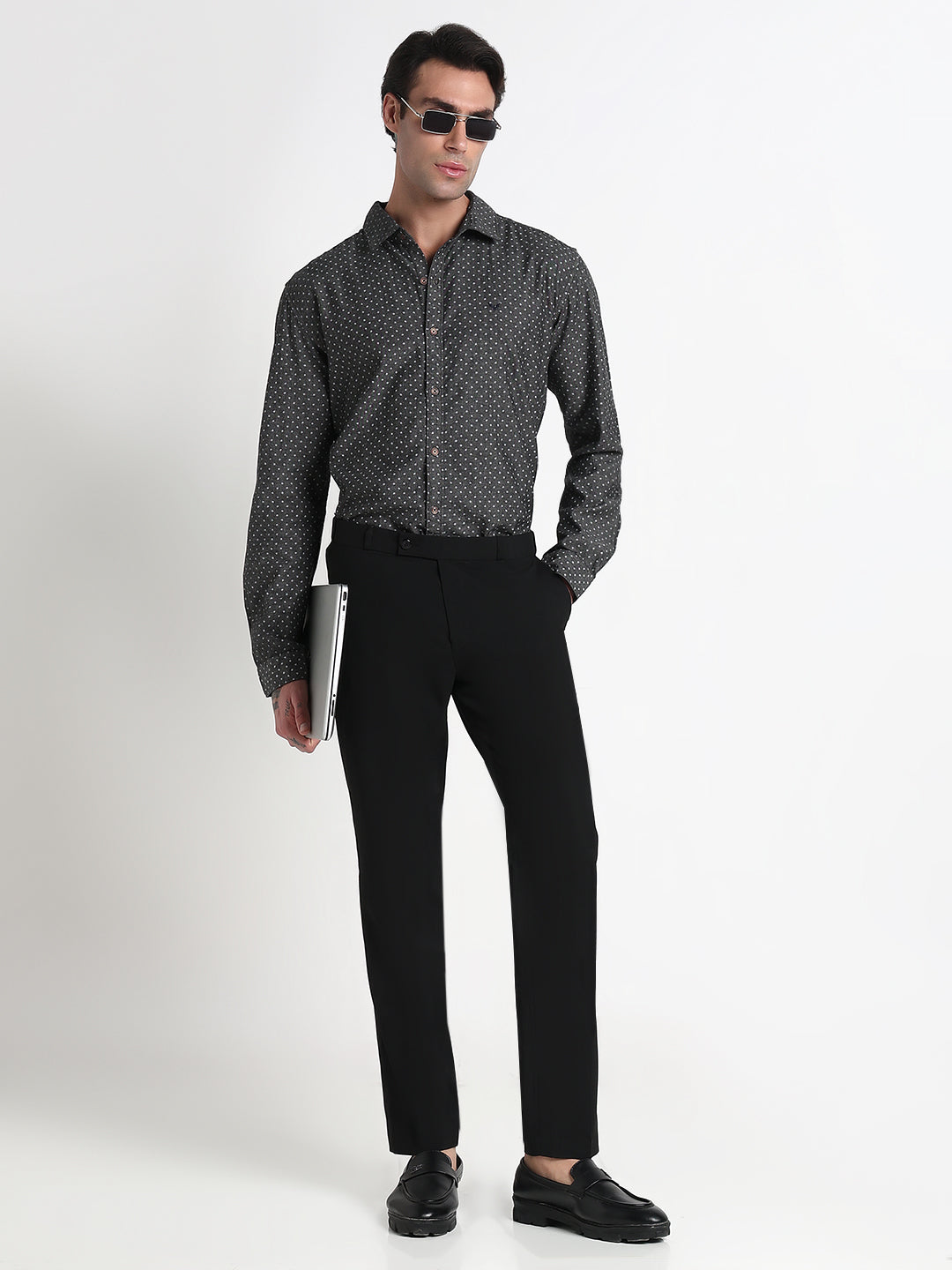 Men's Grey Micro Ditsy Slim Fit Formal Denim Shirt