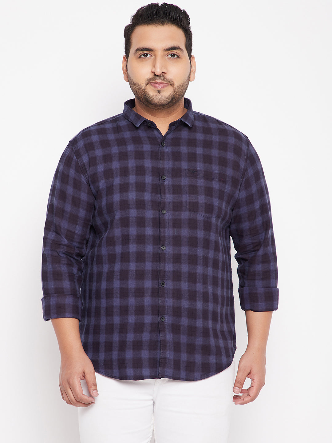 Men's Checked Navy Blue Shirt with Chest Pocket