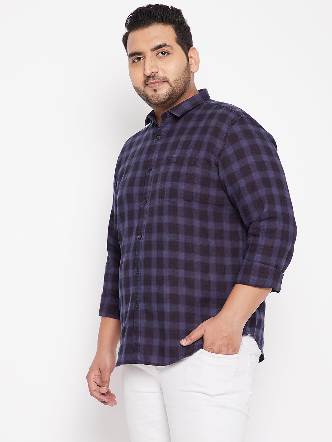 Men's Checked Navy Blue Shirt with Chest Pocket