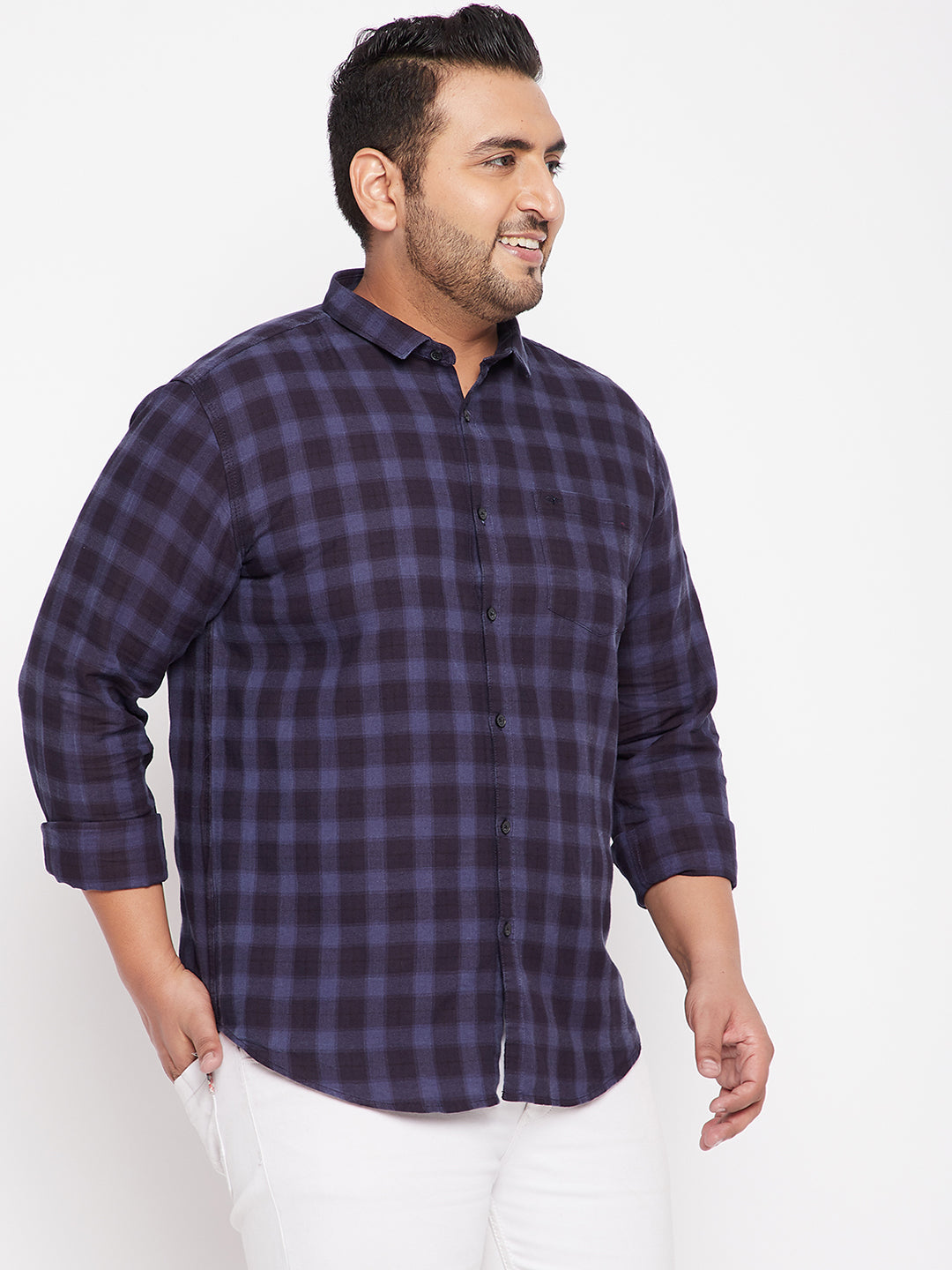 Men's Checked Navy Blue Shirt with Chest Pocket