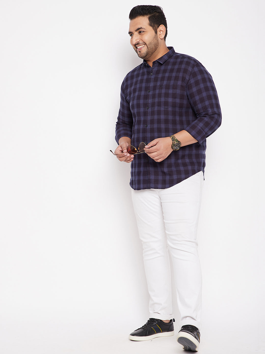Men's Checked Navy Blue Shirt with Chest Pocket