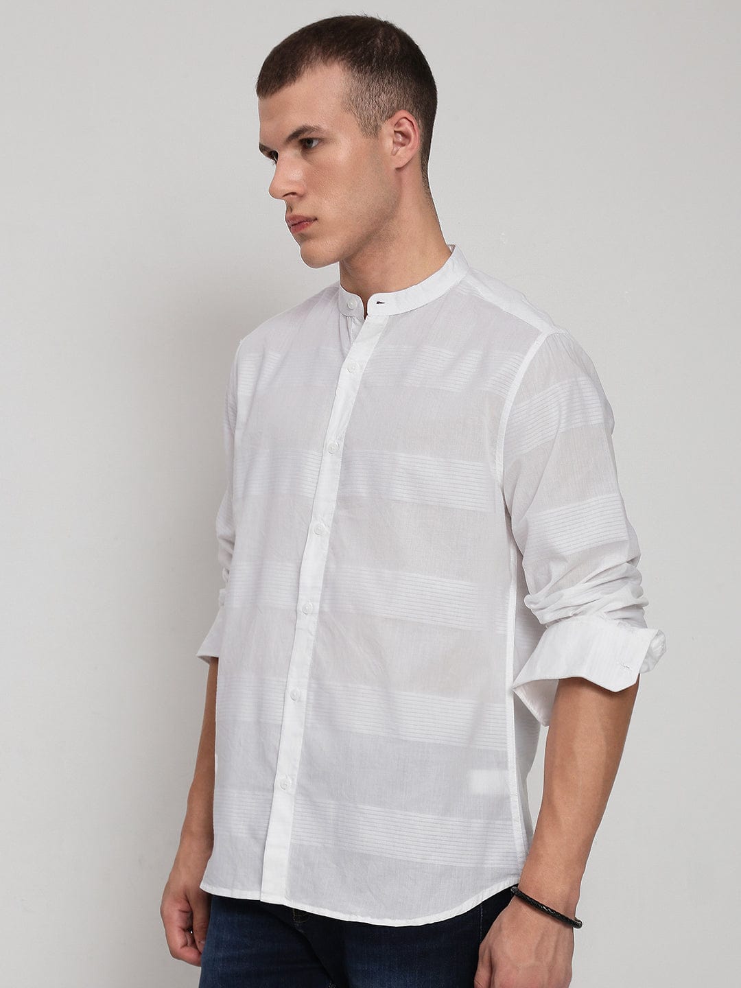 Men's White Horizontal Stripes Mandarin Collar Slim Fit Shirt
