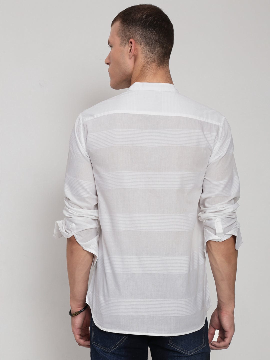 Men's White Horizontal Stripes Mandarin Collar Slim Fit Shirt