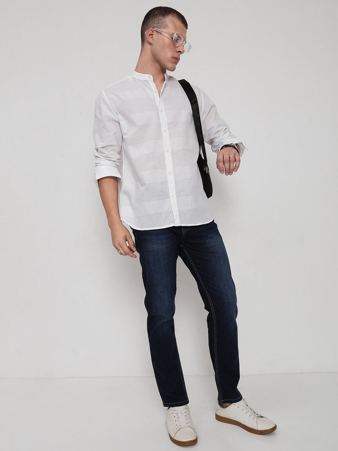 Men's White Horizontal Stripes Mandarin Collar Slim Fit Shirt