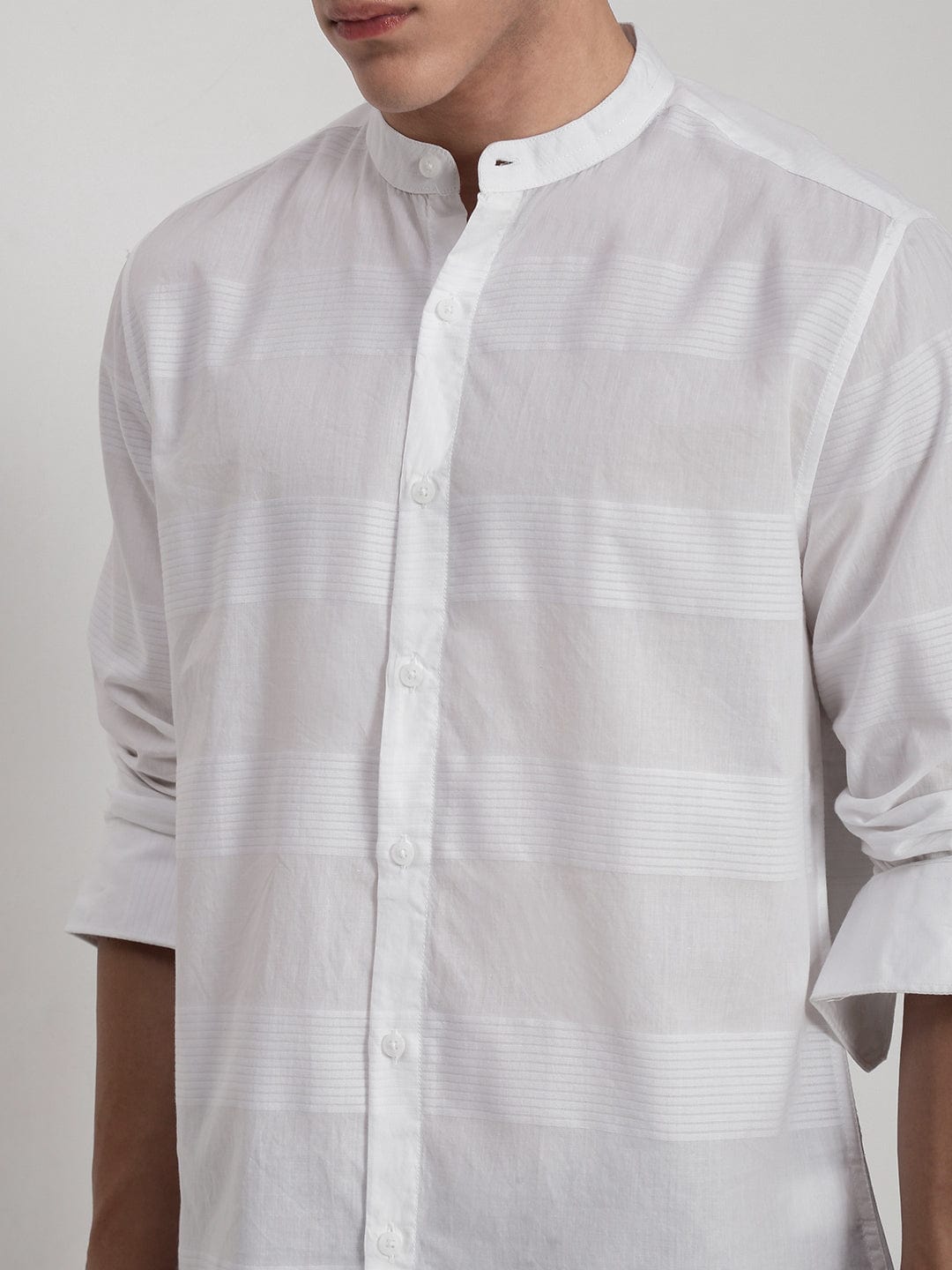 Men's White Horizontal Stripes Mandarin Collar Slim Fit Shirt
