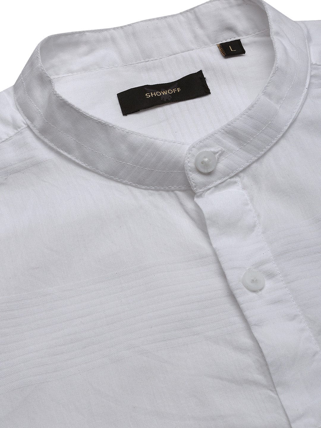 Men's White Horizontal Stripes Mandarin Collar Slim Fit Shirt