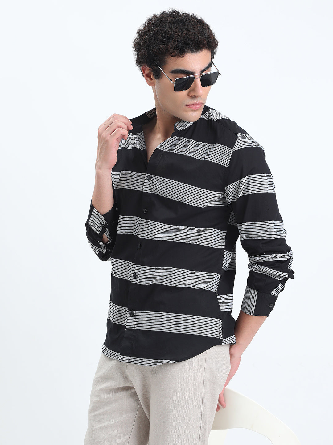 Men's Striped Black Long Sleeve Shirt with Mandarin Collar