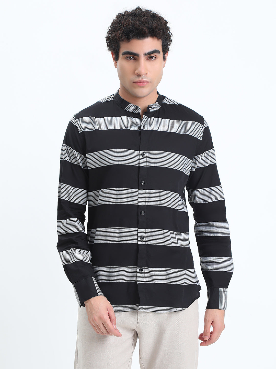 Men's Striped Black Long Sleeve Shirt with Mandarin Collar
