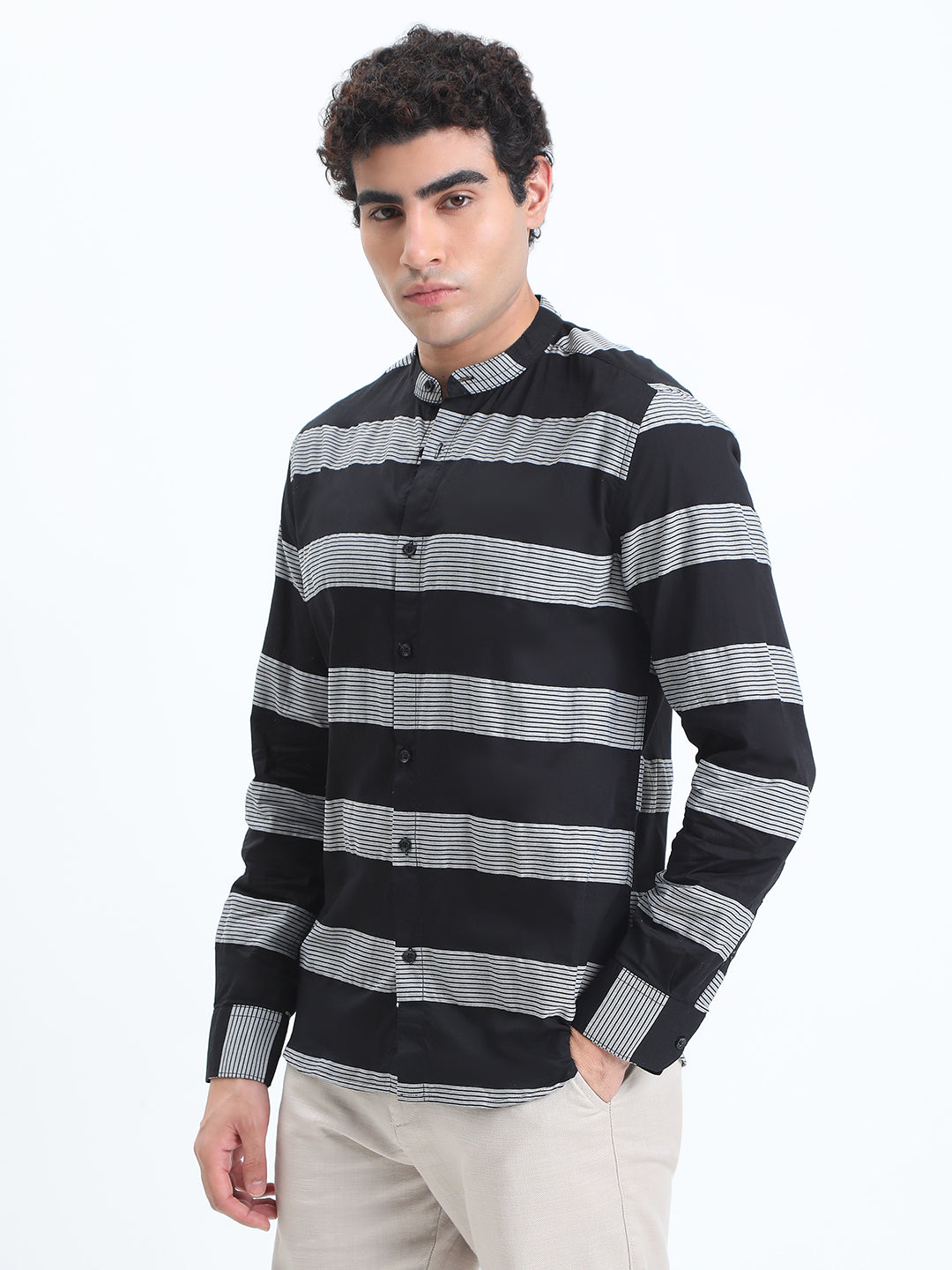Men's Striped Black Long Sleeve Shirt with Mandarin Collar