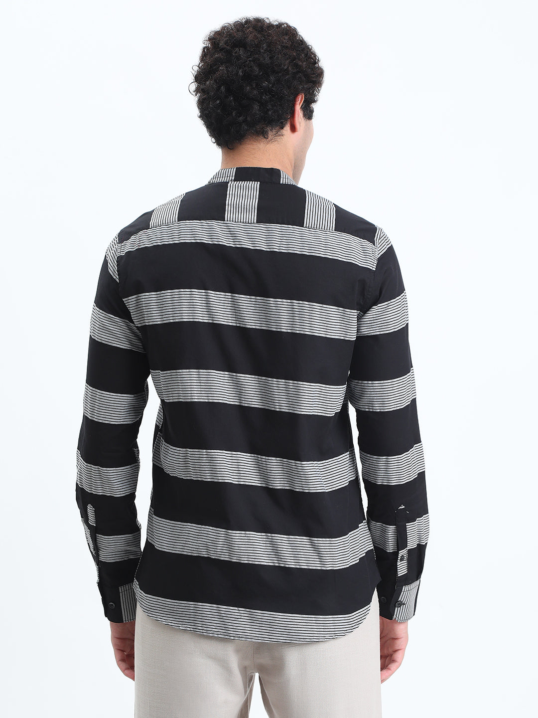 Men's Striped Black Long Sleeve Shirt with Mandarin Collar