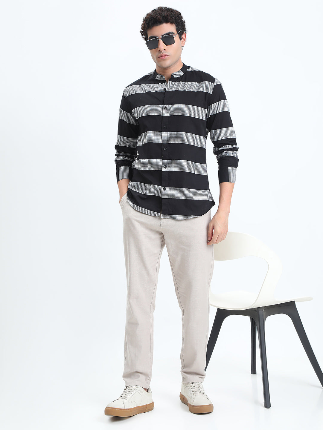 Men's Striped Black Long Sleeve Shirt with Mandarin Collar