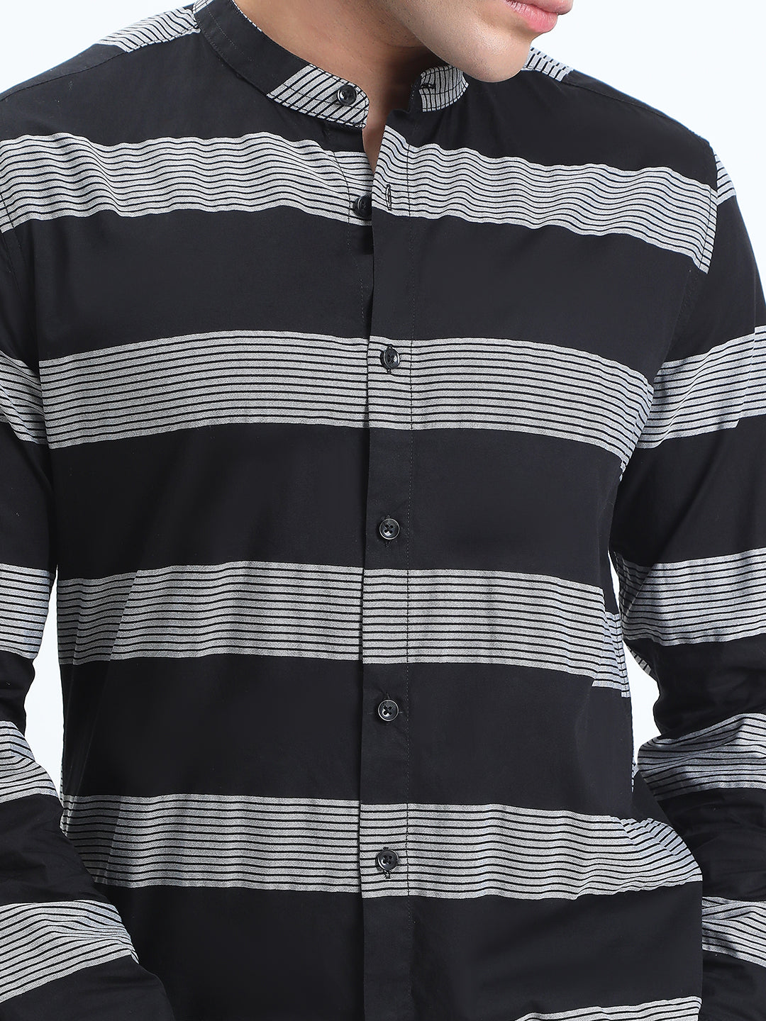Men's Striped Black Long Sleeve Shirt with Mandarin Collar