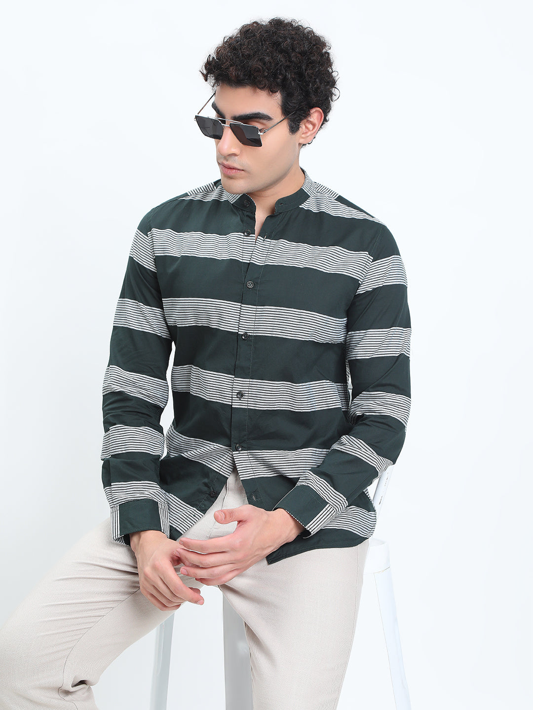 Men's Striped Green Long Sleeve Shirt with Mandarin Collar