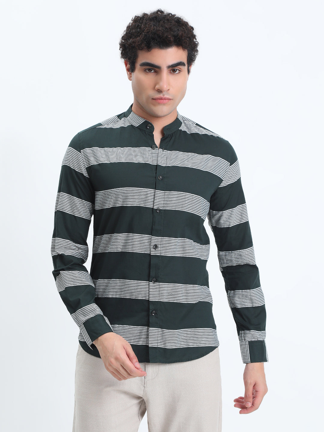 Men's Striped Green Long Sleeve Shirt with Mandarin Collar