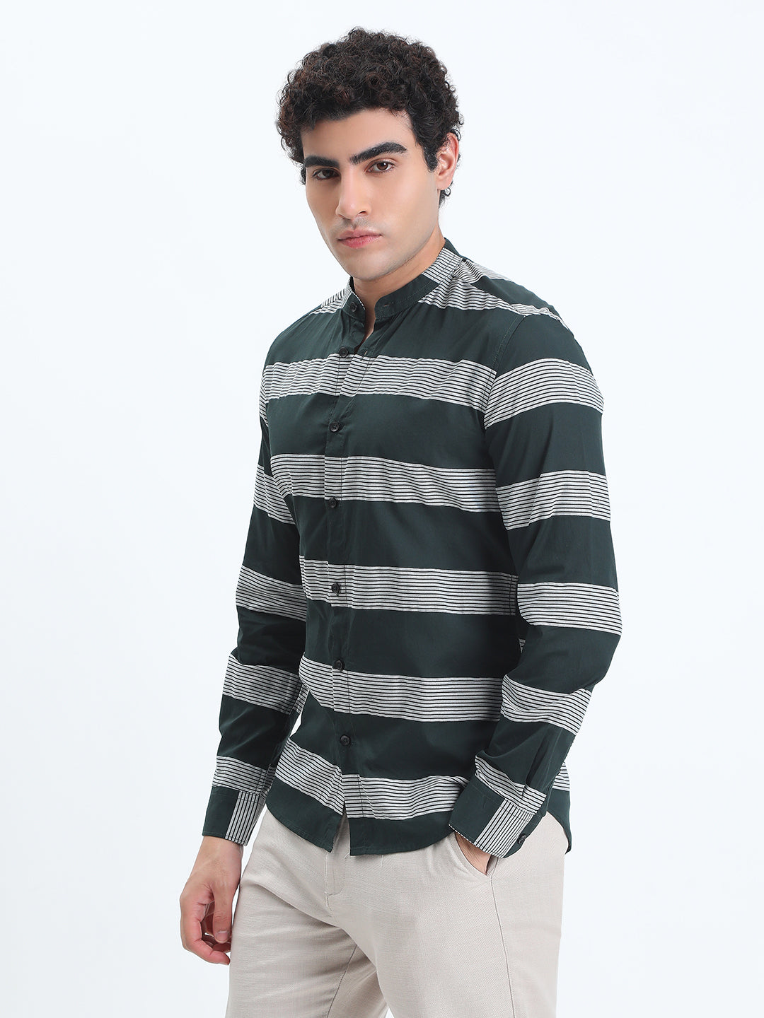 Men's Striped Green Long Sleeve Shirt with Mandarin Collar
