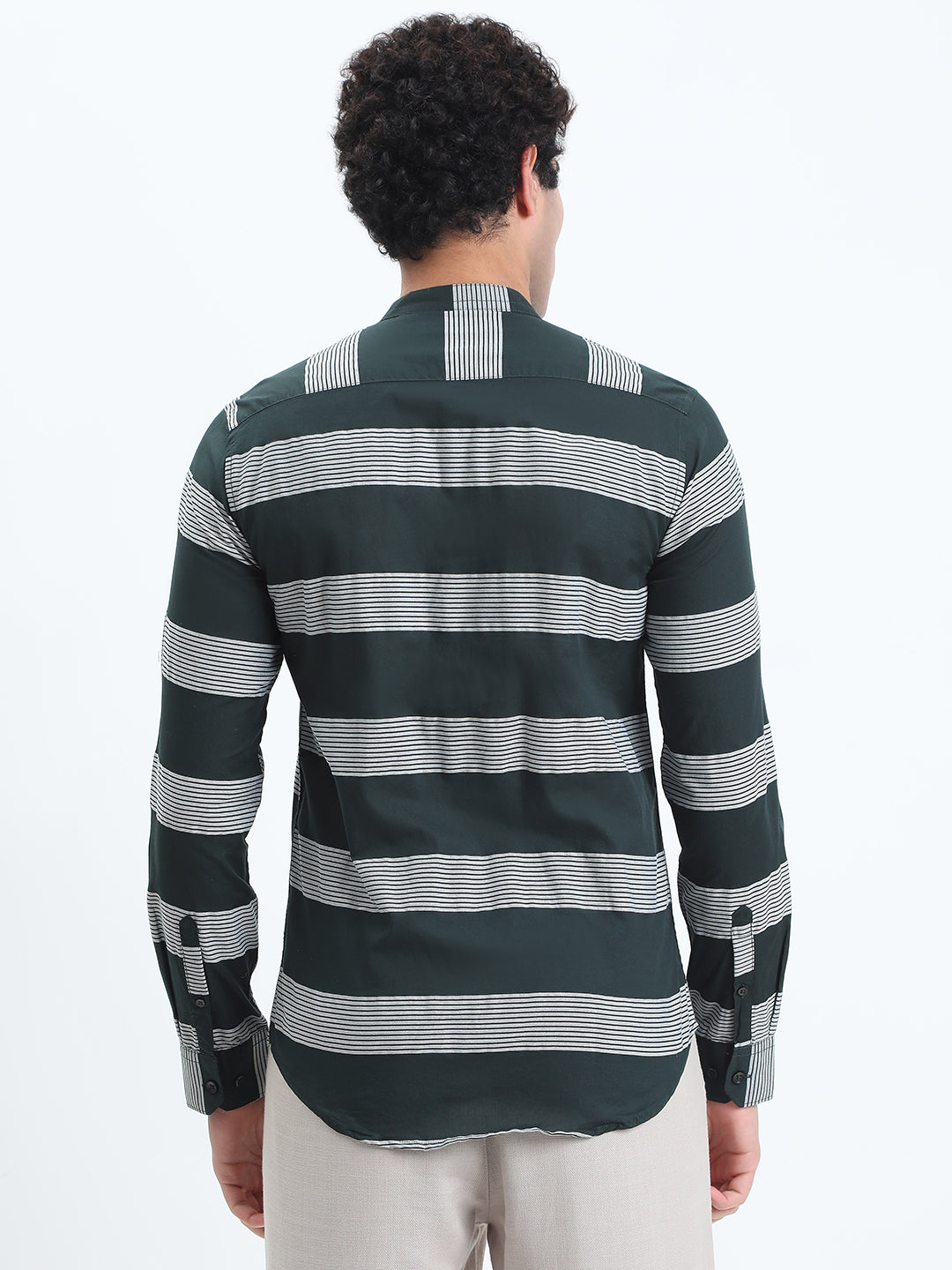 Men's Striped Green Long Sleeve Shirt with Mandarin Collar
