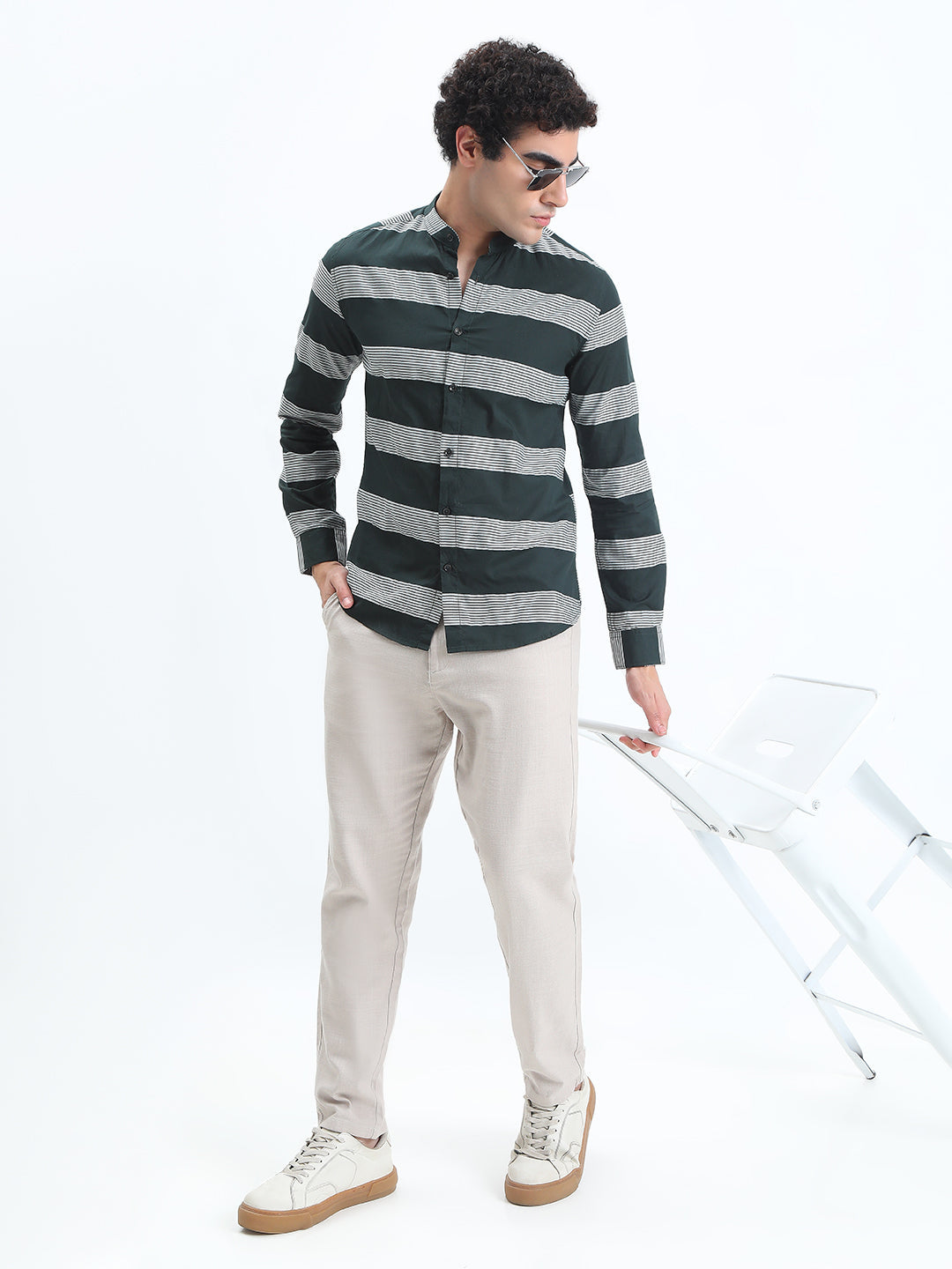 Men's Striped Green Long Sleeve Shirt with Mandarin Collar