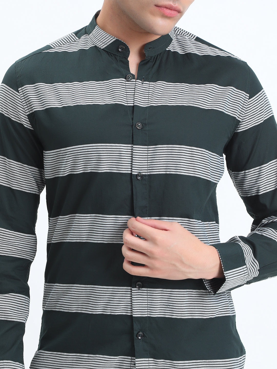 Men's Striped Green Long Sleeve Shirt with Mandarin Collar