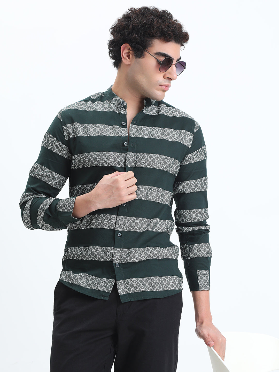 Men's Striped Green Long Sleeve Shirt with Mandarin Collar