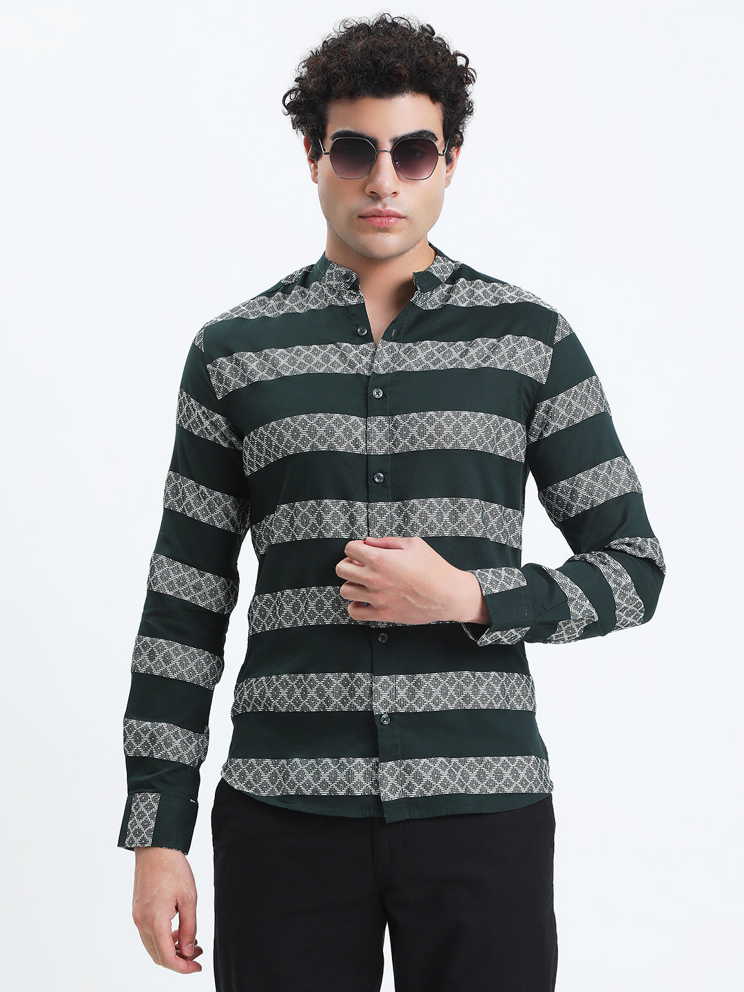 Men's Striped Green Long Sleeve Shirt with Mandarin Collar