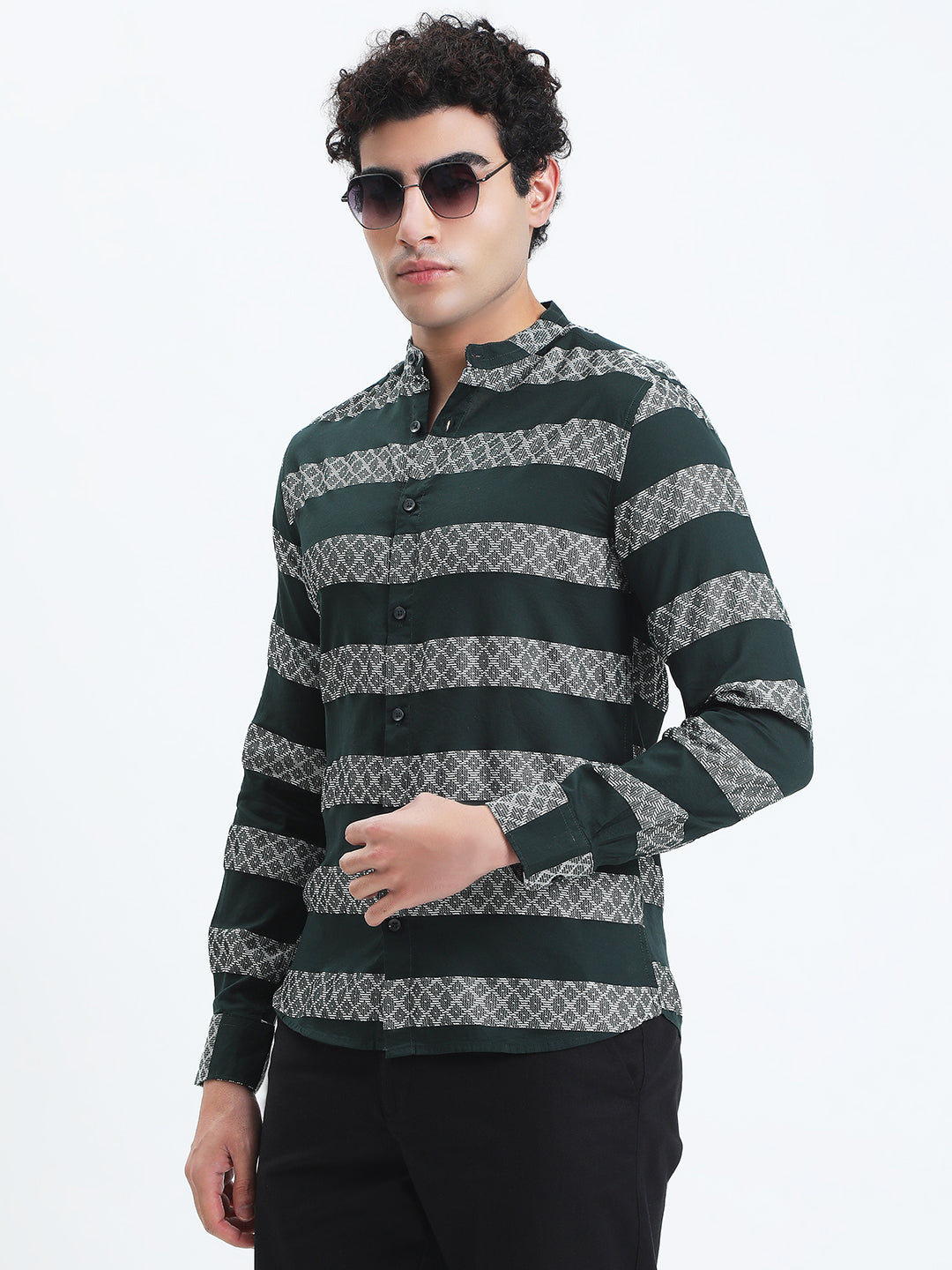 Men's Striped Green Long Sleeve Shirt with Mandarin Collar