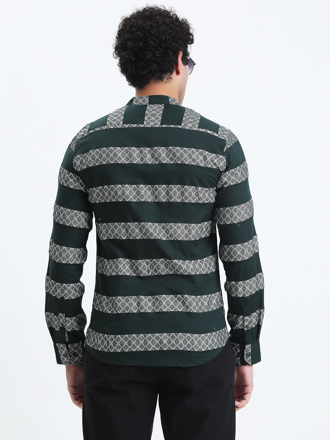 Men's Striped Green Long Sleeve Shirt with Mandarin Collar