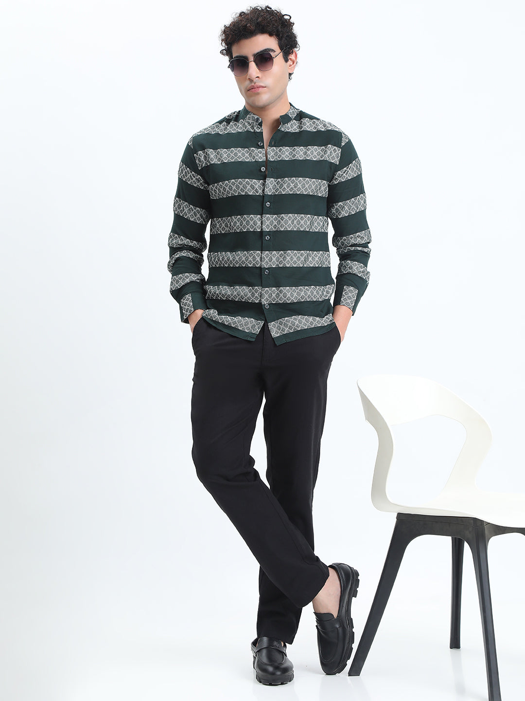 Men's Striped Green Long Sleeve Shirt with Mandarin Collar