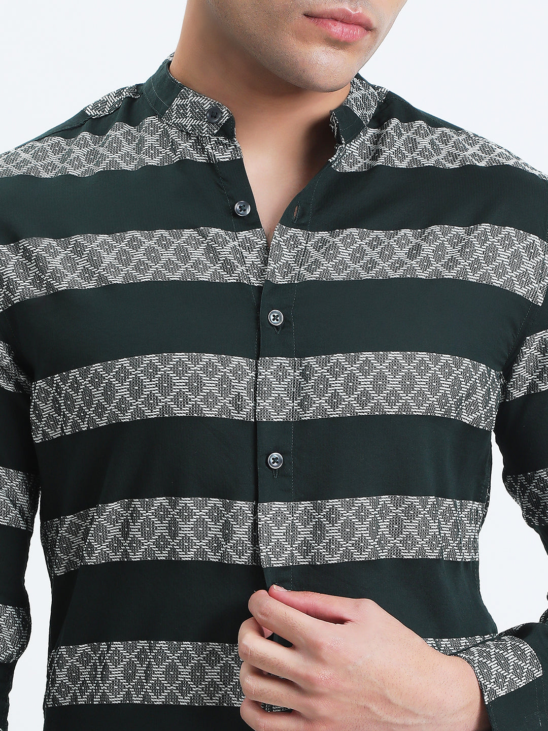 Men's Striped Green Long Sleeve Shirt with Mandarin Collar
