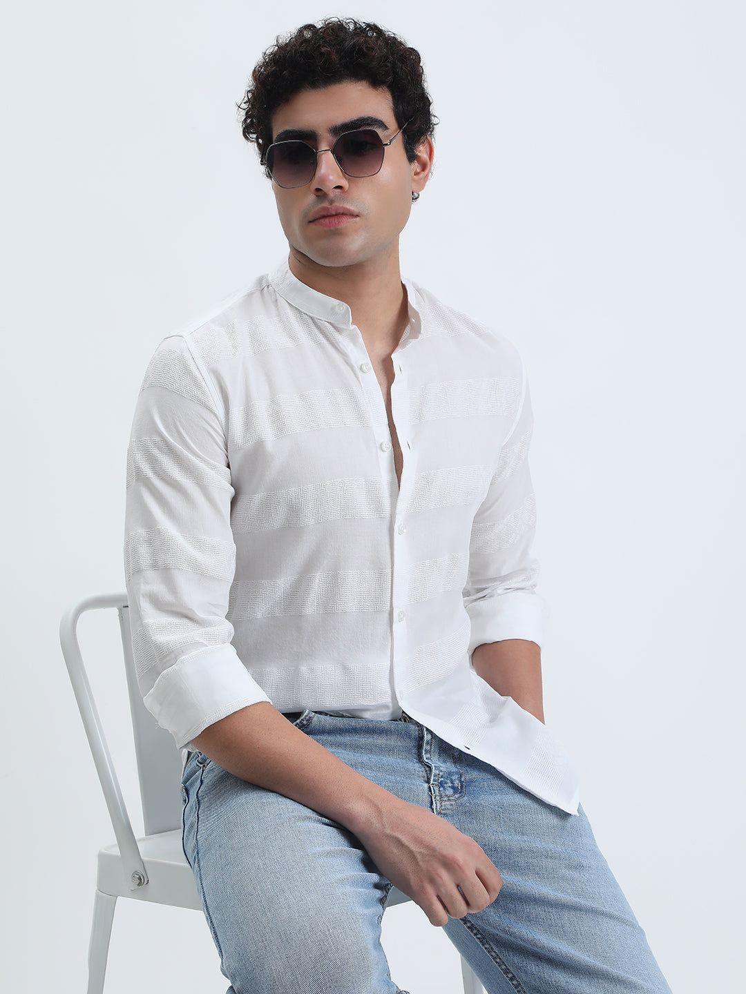 Men's Textured Striped White Long Sleeve Shirt with Mandarin Collar