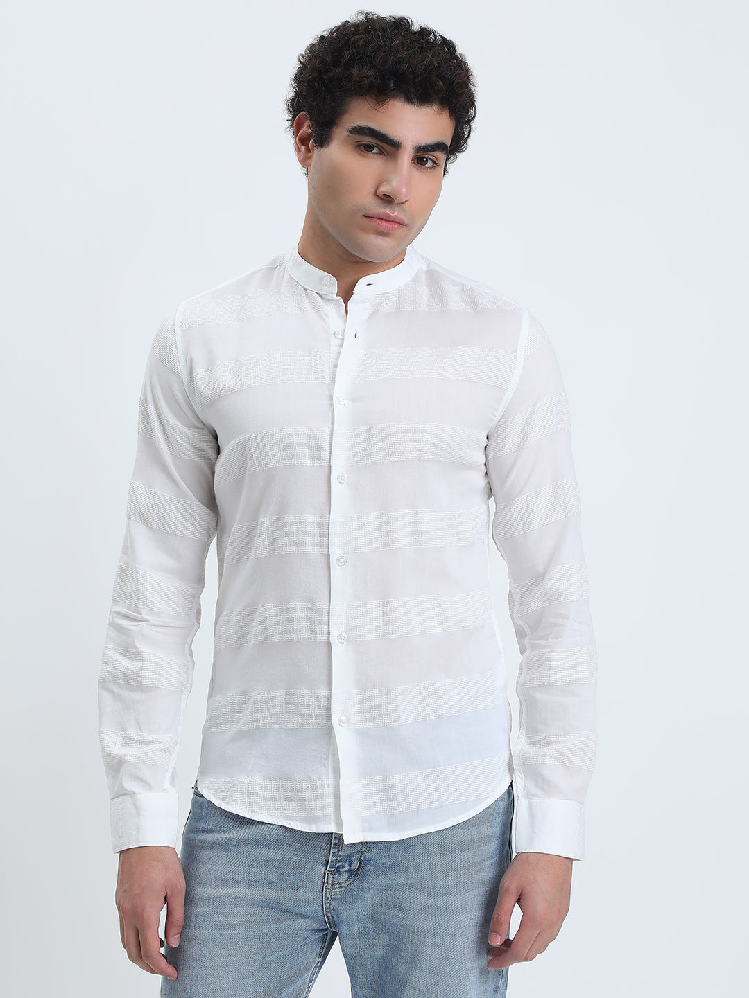 Men's Textured Striped White Long Sleeve Shirt with Mandarin Collar