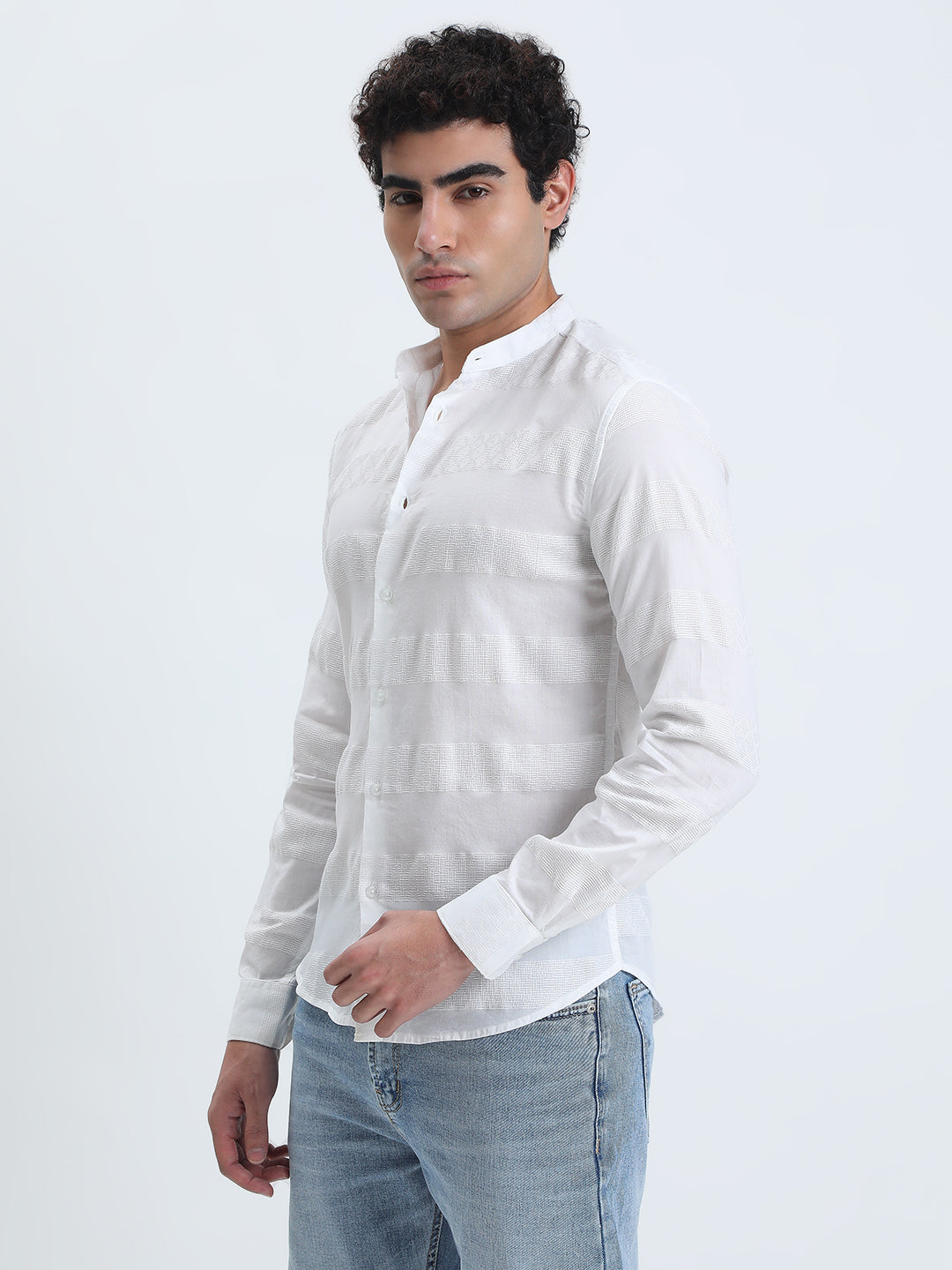 Men's Textured Striped White Long Sleeve Shirt with Mandarin Collar