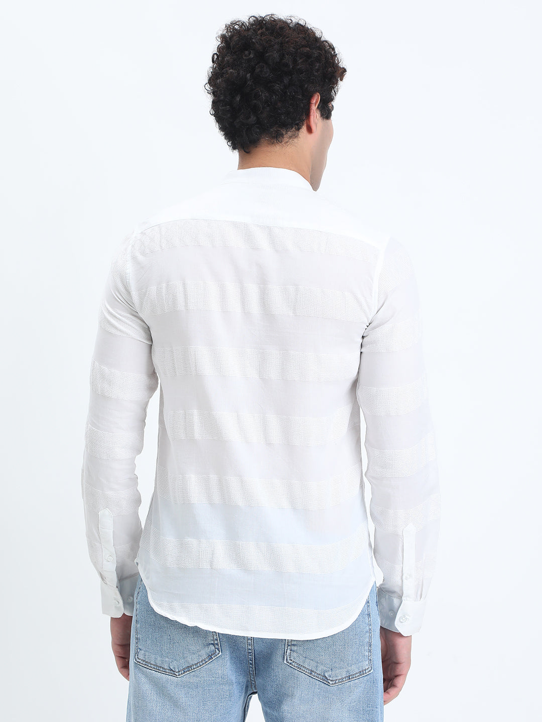 Men's Textured Striped White Long Sleeve Shirt with Mandarin Collar